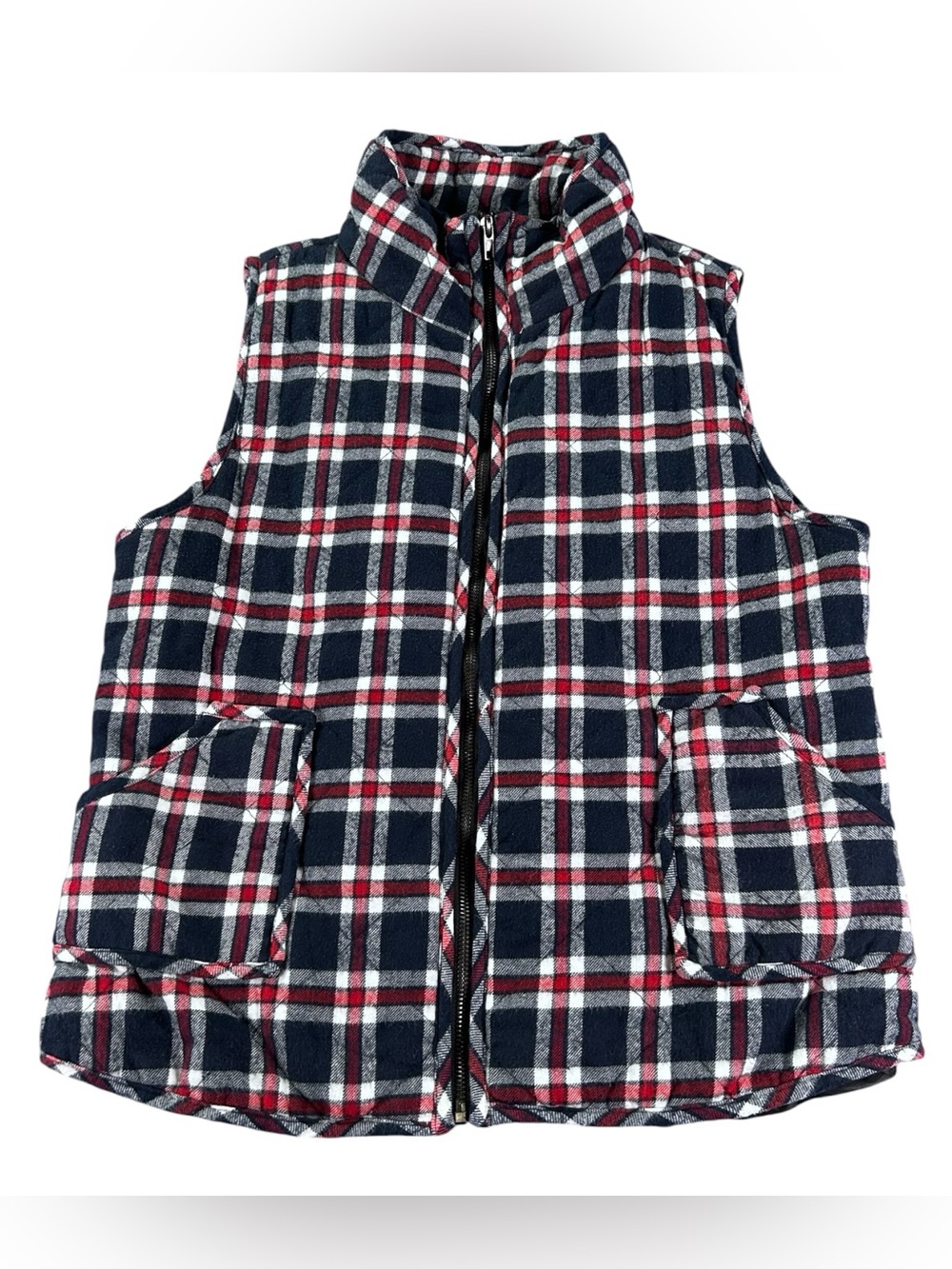 Staccato Plaid Quilted Puffer Vest Women’s L Navy Red Flannel Fall
